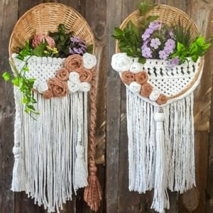 Pair Boho Macrame Wicker Wall Baskets
